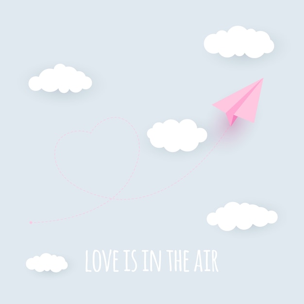 Paper airplane heart background. love is in the air concept.