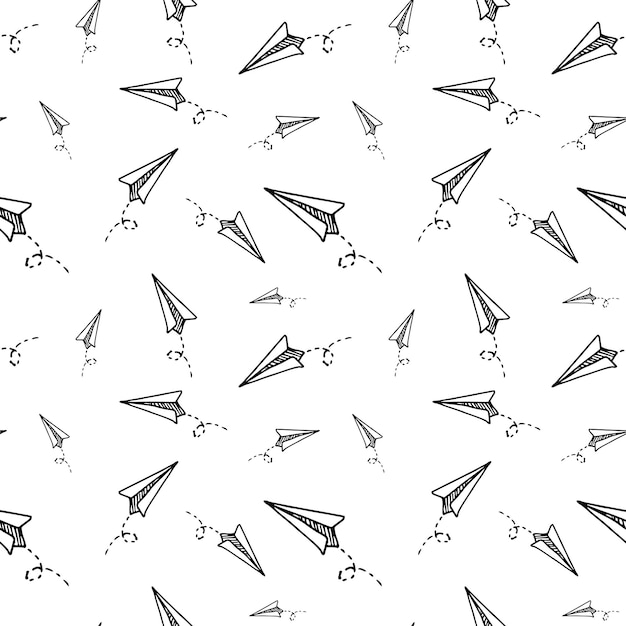 Paper airplane pattern. seamless vector backdrop. simple black doodle illustrations on transparent background.