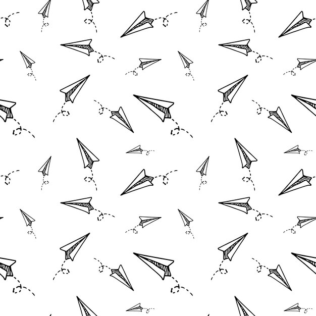 紙飛行機のパターン。シームレスなベクトルの背景。透明な背景にシンプルな黒の落書きイラスト