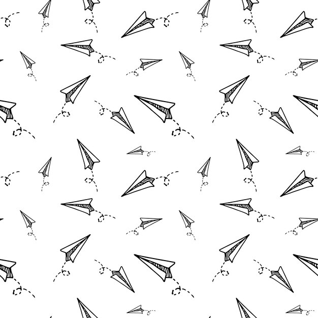 Paper airplane pattern. Seamless vector backdrop. Simple black doodle illustrations on transparent background