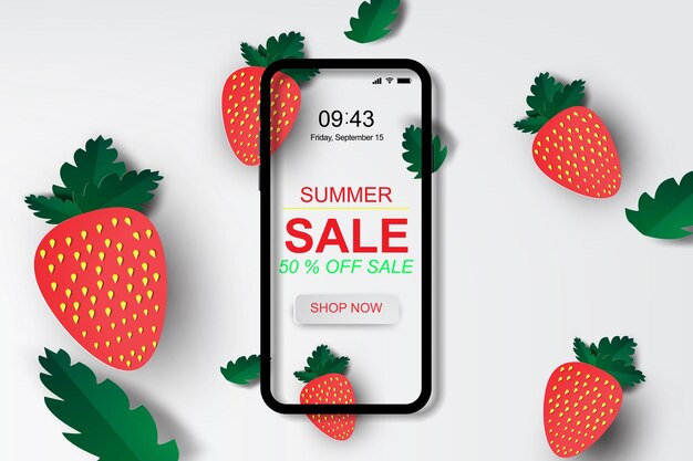 Strawberry.50% 할인이 포함된 여름 세일 배너의 종이 예술 및 공예 스타일. 스마트폰 쇼핑 온라인 개념 특별 제공. 휴일 시즌 프로모션 장식 공간 광고 벡터 일러스트