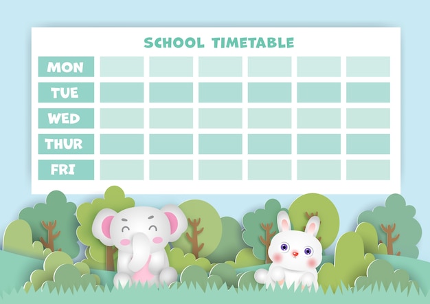 Paper art  back to school timetable with cut animals in the forest