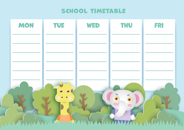 Paper art  back to school timetable with cute animals