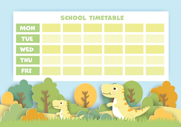 Paper art  back to school timetable with cute dinosaur