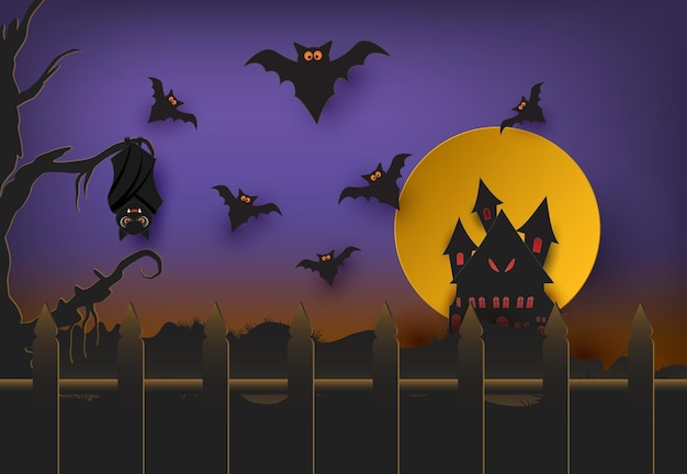 Paper art of bat and castle Halloween paper art background