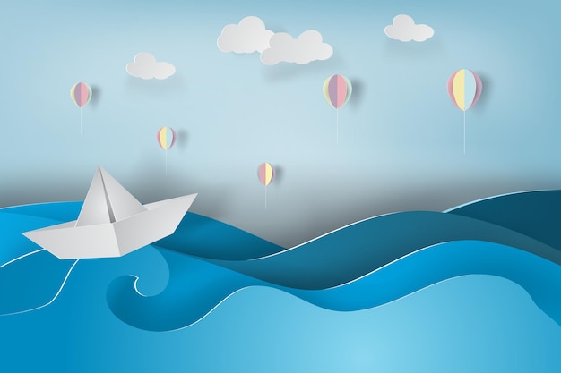 Бумажное искусство лодки и воздушного шара с оригами сделало красочную парусную лодку на море.
