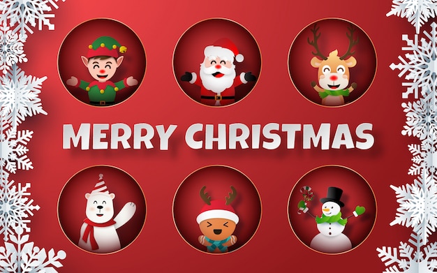 Paper art of christmas characters on red background