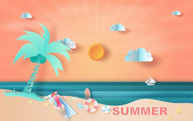 Paper art and craft of illustration summer sea view with sunset summer time