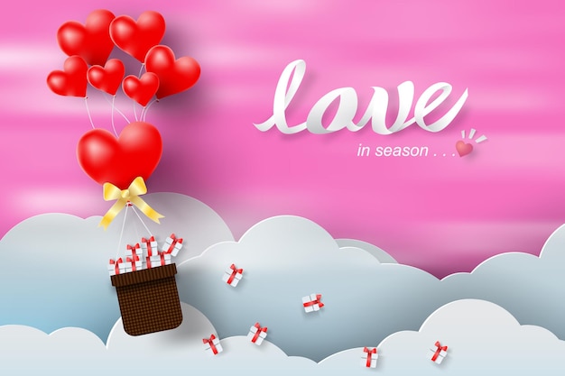 Paper art and craft of valentine day with balloon red heart  and blue sky background