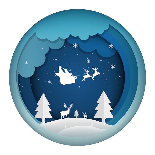 Vector paper art of deer and winter season landscape and house with snow moon