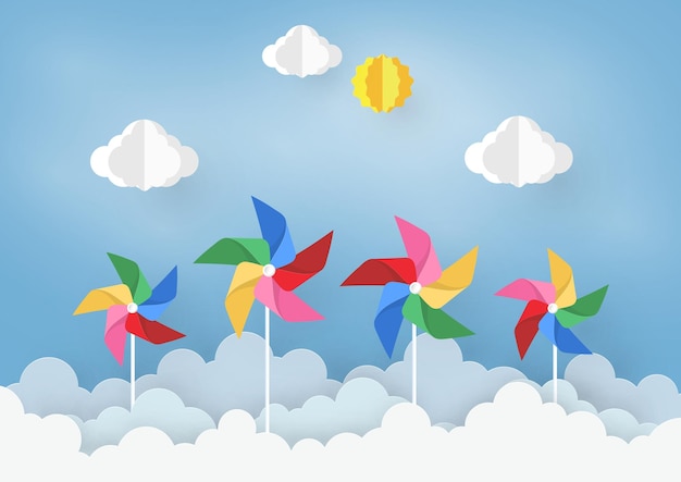 Paper Art Design met Cloud en pinwheel op lichtblauwe achtergrond vectorontwerpillustratie