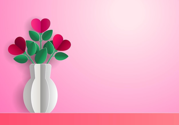 Paper art flowers in vase, background for Valentine's Day.