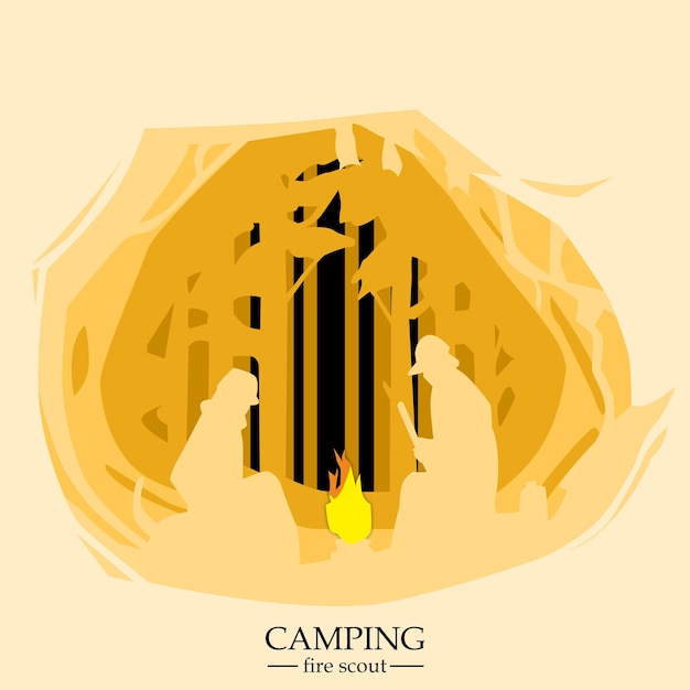 Vector paper art forest camping fire scout