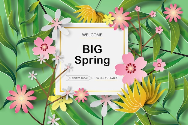 Paper art of Frame Tropical seamless pattern with leaves and flowers,Spring sale background banners vector design