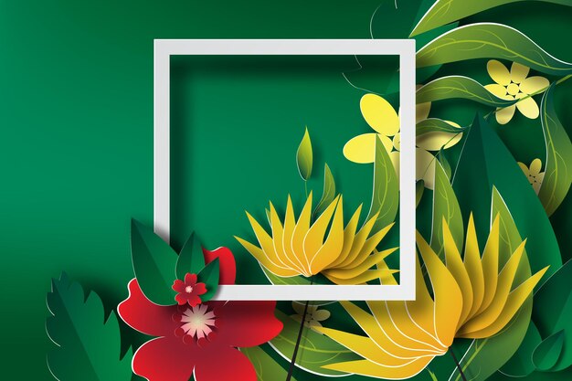 Paper art of  Frame with green leaf and flower bannerswhitevector