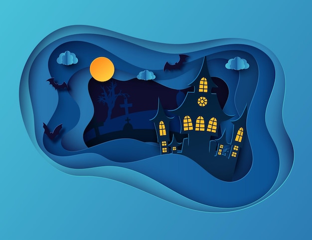 Vector paper art halloween night background with haunted house flying bat graves and dead tree