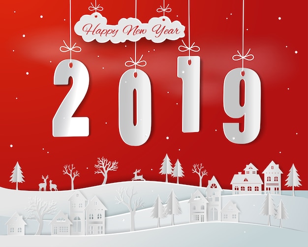 Paper art of happy new year 2019 on red background