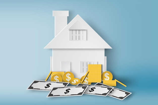 Paper art of home with pile of money and real estate symbolbill growth bannervector