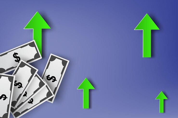 Vector paper art of increasing dollar sign currency abstract vector arrows background