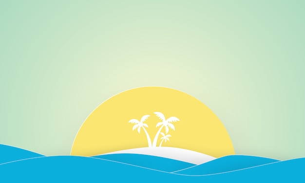 Vector paper art of island with palm trees