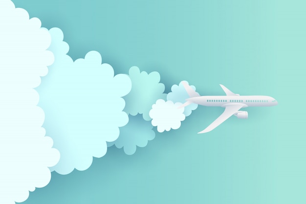   paper art and landscape, digital craft style for travel and airplane is flying on the sky.