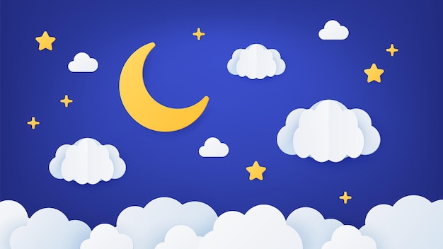 Vettore cielo notturno di arte di carta. scena di paesaggio da sogno origami con luna, stelle e nuvole. decorazione del fumetto del taglio della carta per il sonno del bambino, concetto di vettore. cartone animato di carta illustrazione, decorazione notturna con stelle