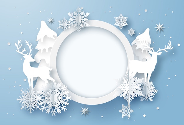 Бумажное искусство зимней праздничной открытки со снежинками и оленями