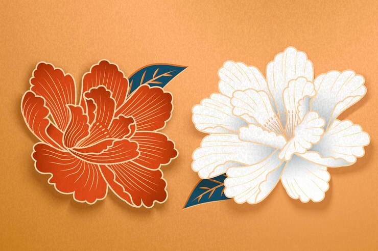 Vector 黃金背景上的白色和紅色花