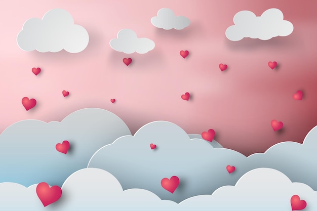 Arte di carta del cloudscape di amore piovoso con il vettore del cuore