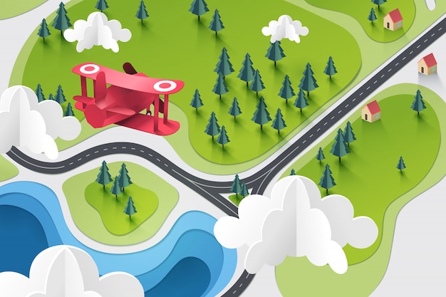 Vector paper art of red plane fly above lake and forest