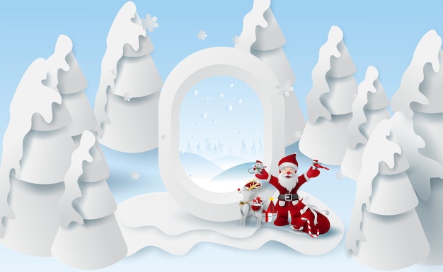 Paper art of santa claus and reindeer in forest with snow winter season mountain, merry christmas and happy new year background.creative design window view concept with paper cut and craft.vector.