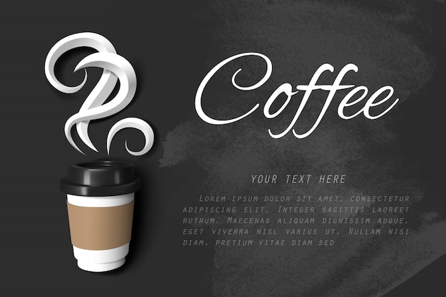 Vector paper art of smoke of coffee and paper cup of coffee on black chalkboard with copy space
