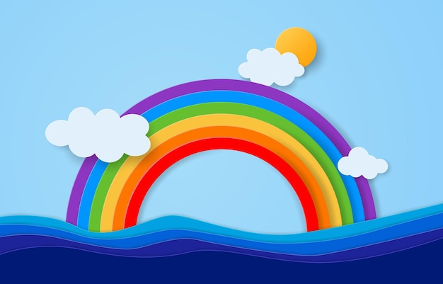 Vector paper art stijl van regenboog over de oceaan met wolken en zon vector en illustratie