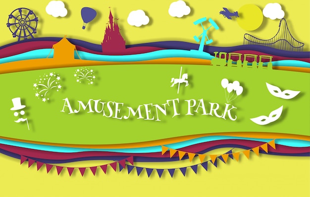 Paper art style amusement park with carousel with rides