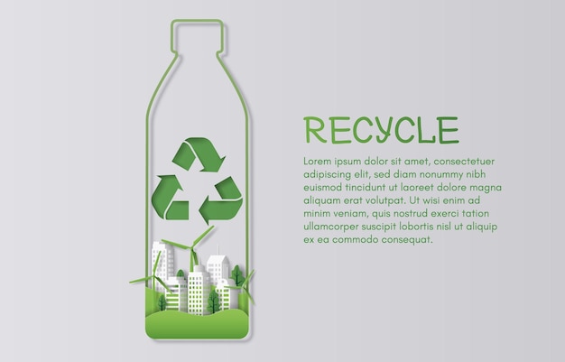 paper art style of a bottle of water with recycling symbol buildings trees and windmills inside