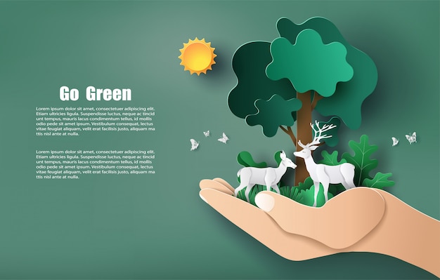 Paper art style of hand holding tree and plants with deers, save the planet and energy .