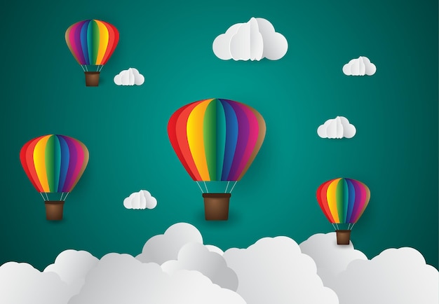 Paper art style origami made colorful air balloon cloud blue sky and sunset