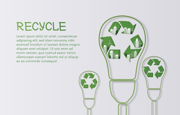 paper art style of recycling symbol with buildings windmills and trees inside recycling concept