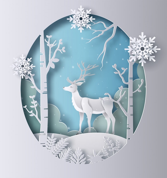 Paper art style of a reindeer standing in a forest.