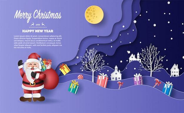 Paper art style of santa claus with a bag full of gifts template