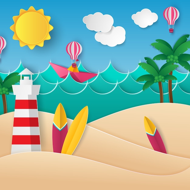 Paper art style summer illustration