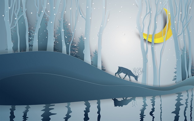 Paper art style of winter season and deer in forest landscape with snow background.