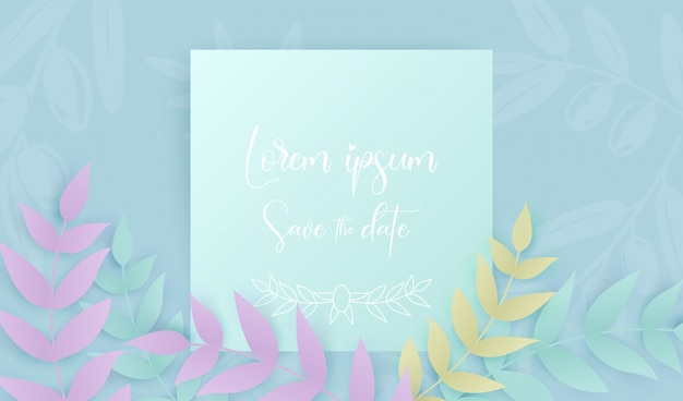 paper art style with tropical different leaves and white text Save the date