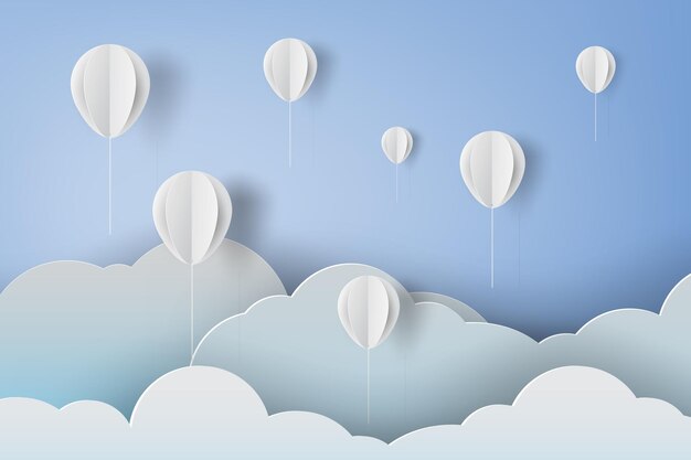 Paper art of white ballons on blue sky background,vector