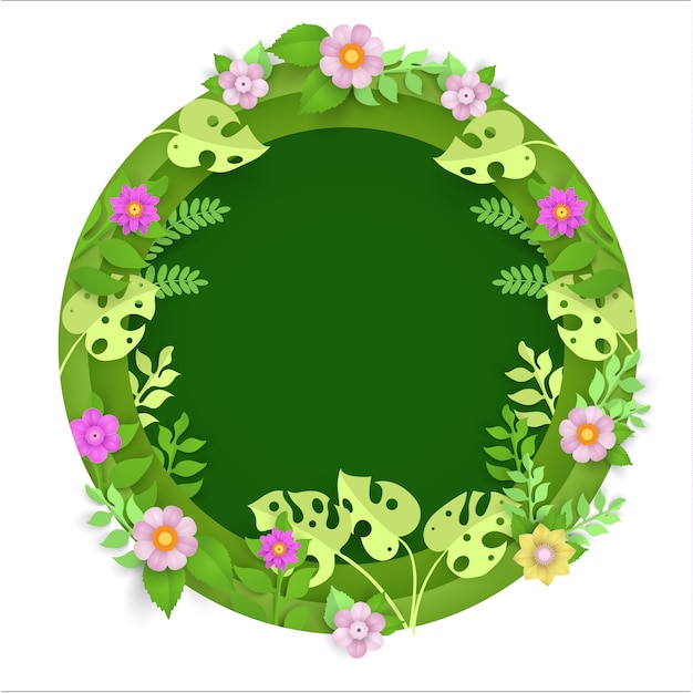 Paper art with plants and flowers in a circle in the spring