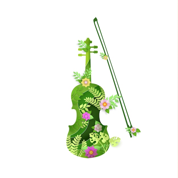 Vettore arte di carta con design di strumenti a violino in primavera.