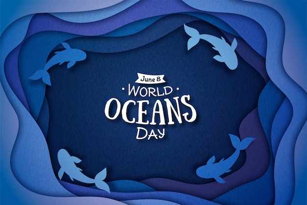 Vector paper art of world oceans day.  sea waves and fish