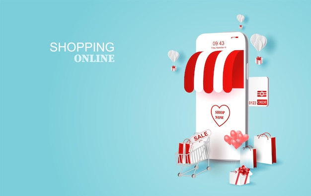 Paper Bag Cart geschenkdoos op markt achtergrond. Happy Valentine en Merry Christmas seizoen concept. Smartphone online winkelen voor vakantie. isometrische mobiele marktwinkel. Rode en witte toon kleur vector