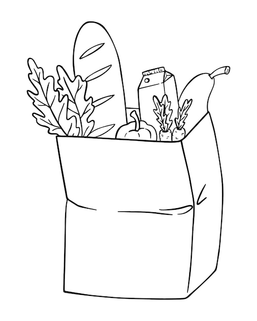 Vector paper bag in groceries lettuce leaves long loaf milk carton bell pepper carrot eggplant doodle linear cartoon