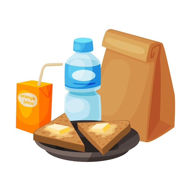 Paper bag package with healthy breakfast plastic bottle of water orange juice bread with butter
